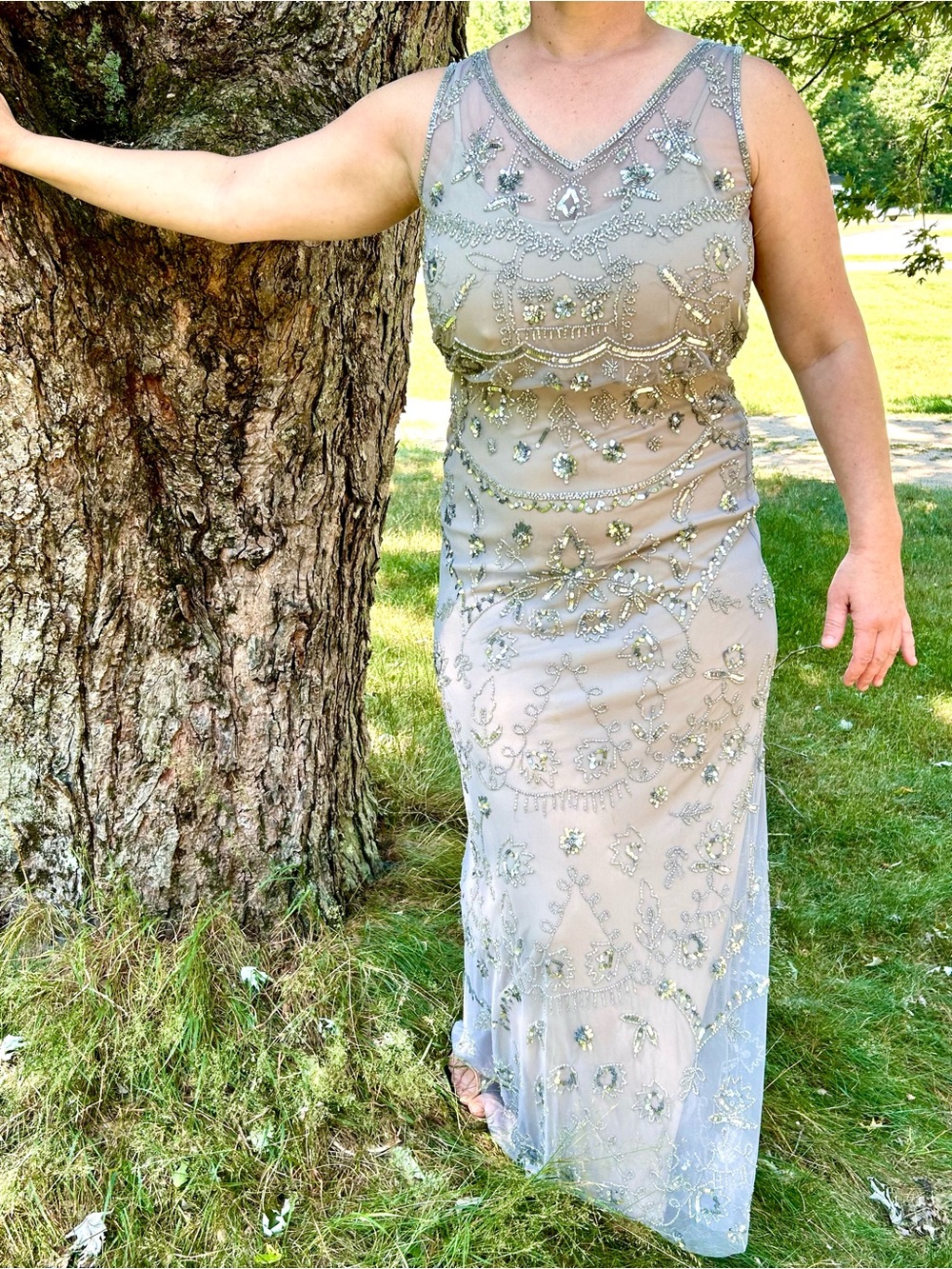 Adrianna Papell Silver Beaded Sleeveless Maxi Gown